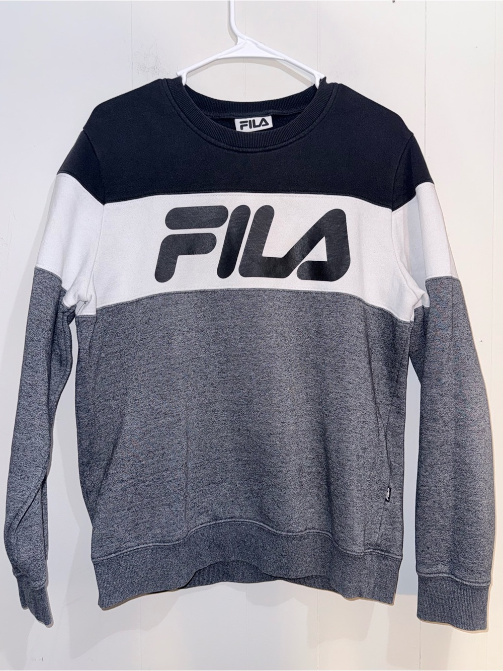 FILA Men's Black White Gray Colorblock Crewneck Sweatshirt